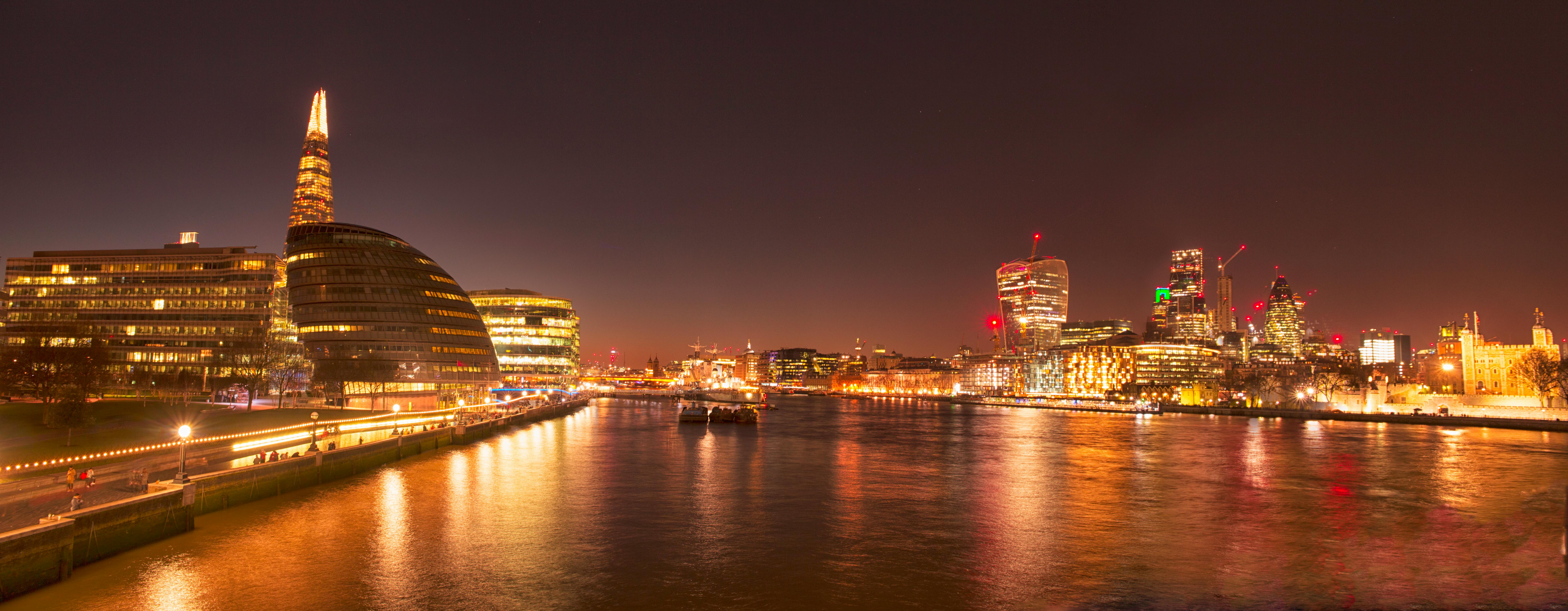 London skyline at night along the Thames
